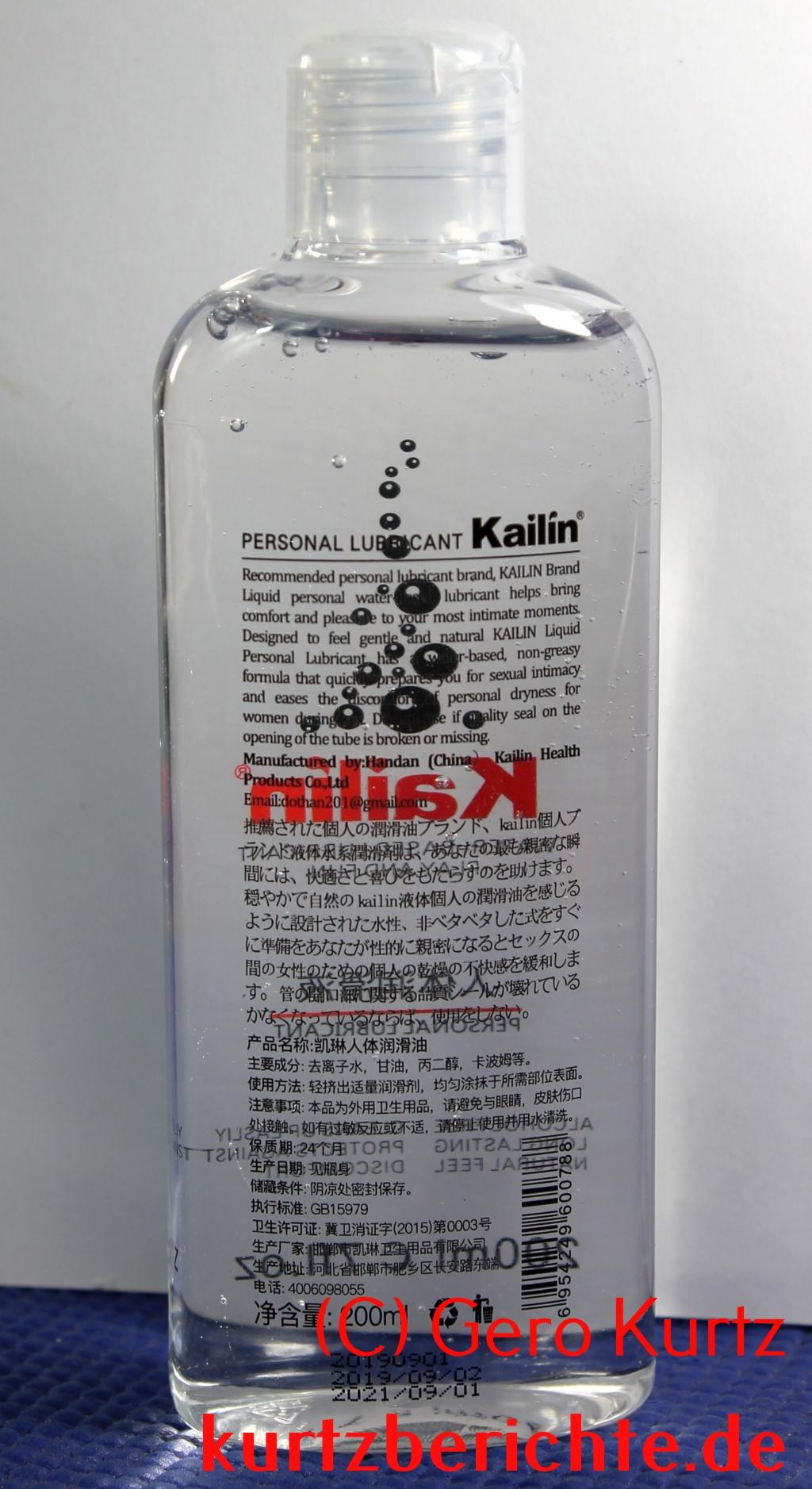 Gleitgel, Massagegel, Kailin, Moruioy - Rückseite der Flasche