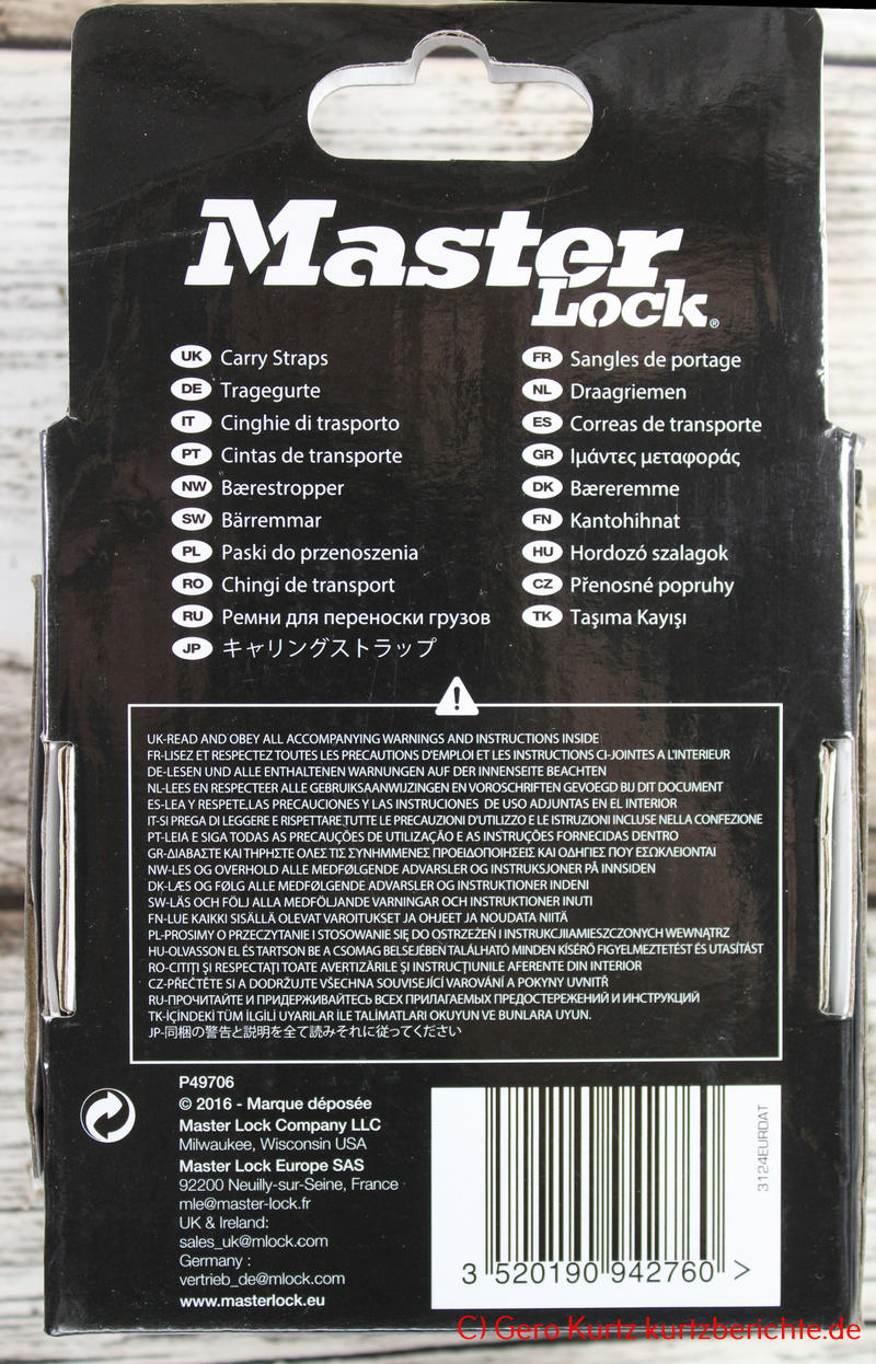 Tragegurt Master Lock 3124EURDAT - Rückseite der Verpackung