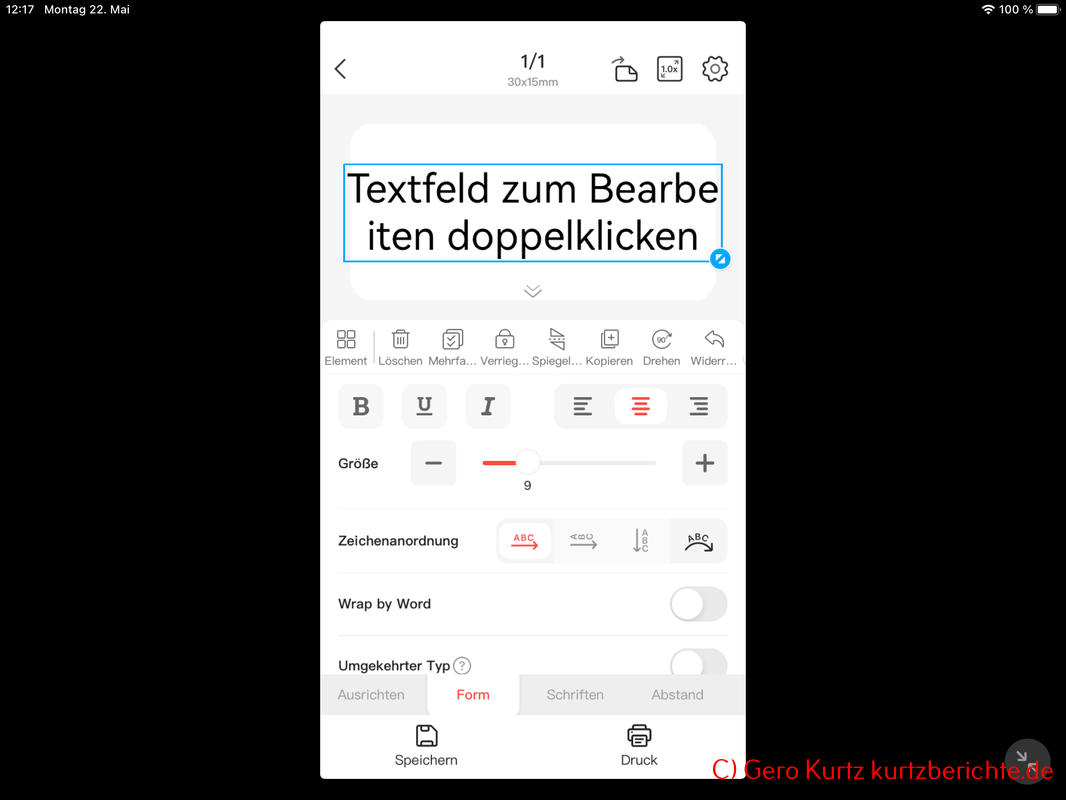 NIIMBOT App - Textfeld zum Editieren
