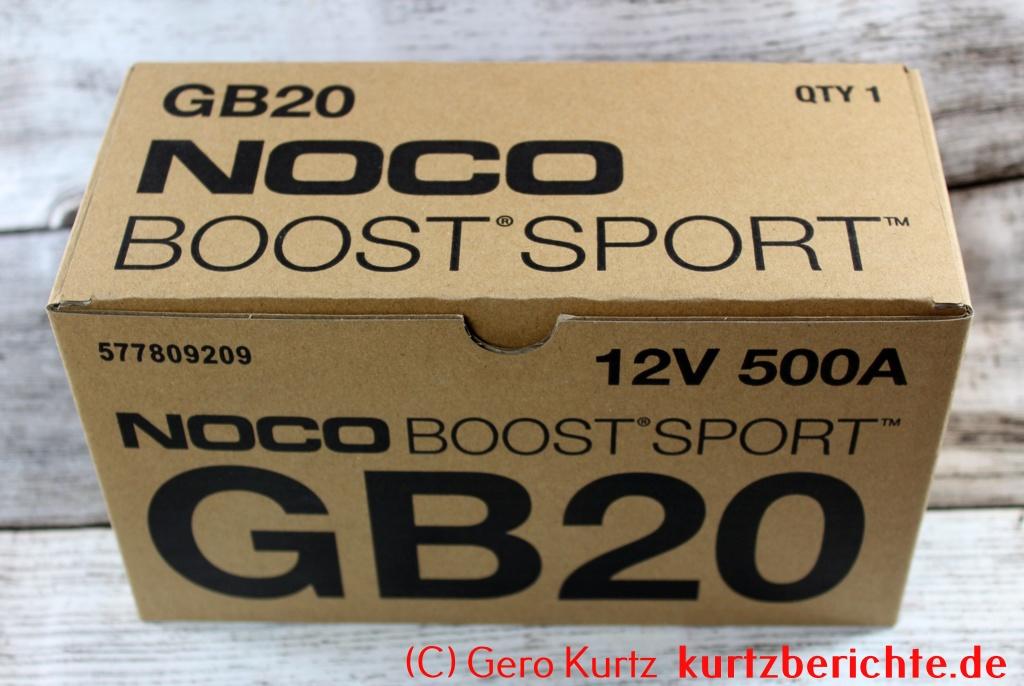 NOCO Boost Sport GB20 500A 12V UltraSafe Starthilfe - Schutzverpackung aus Pappe, schräge Draufsicht