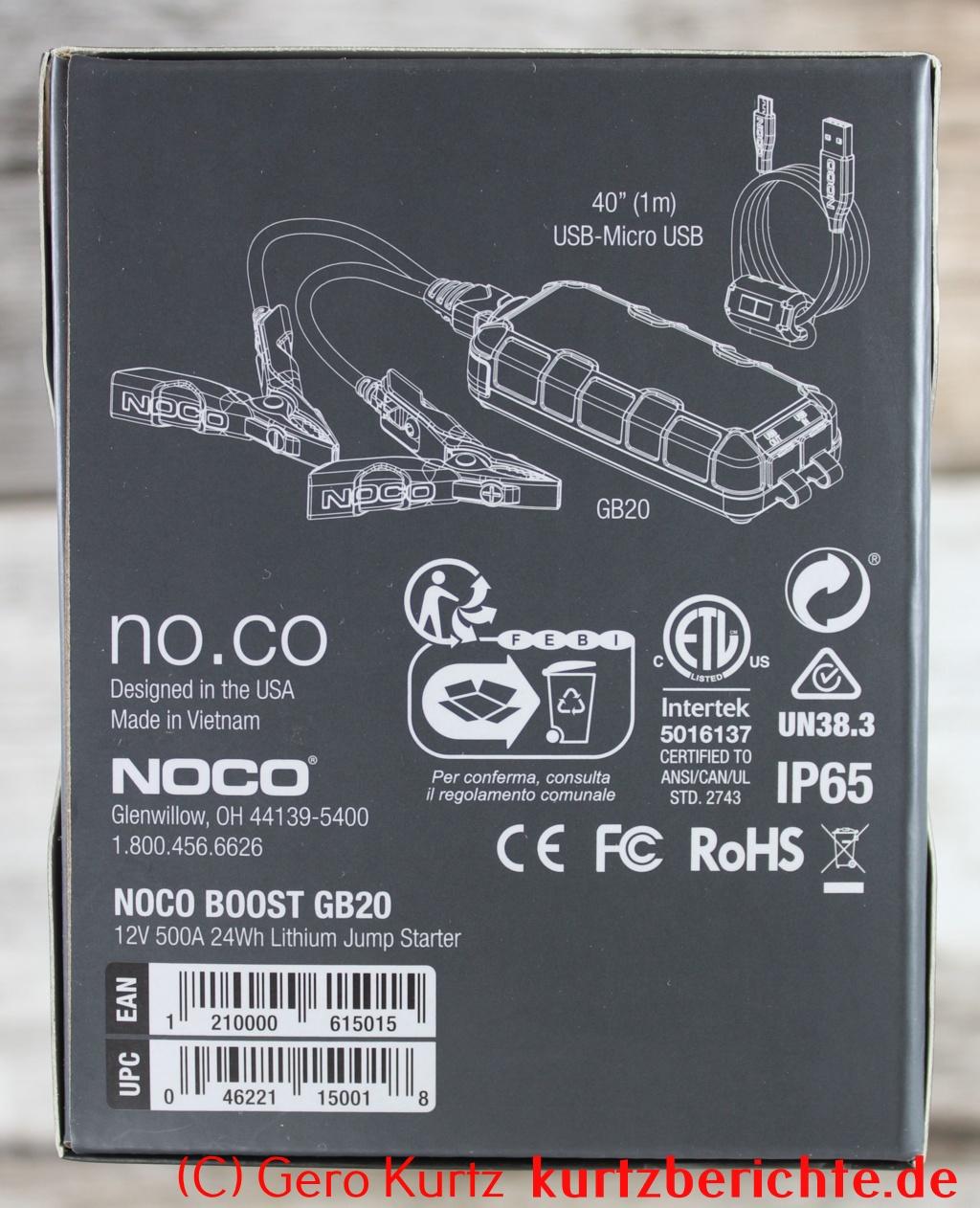 NOCO Boost Sport GB20 500A 12V UltraSafe Starthilfe - Verpackung Unterseite mit EAN, UPC und Seriennummer