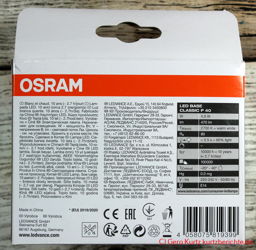 Osram LED Base Classic P Lampe E14 in Tropfenform - Rückseite der Verpackung