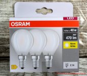 Osram LED Base Classic P Lampe E14 in Tropfenform - Verpackung mit drei Lampen