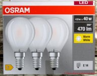 Osram LED Base Classic P Lampe E14 in Tropfenform - Verpackung Vorderansicht