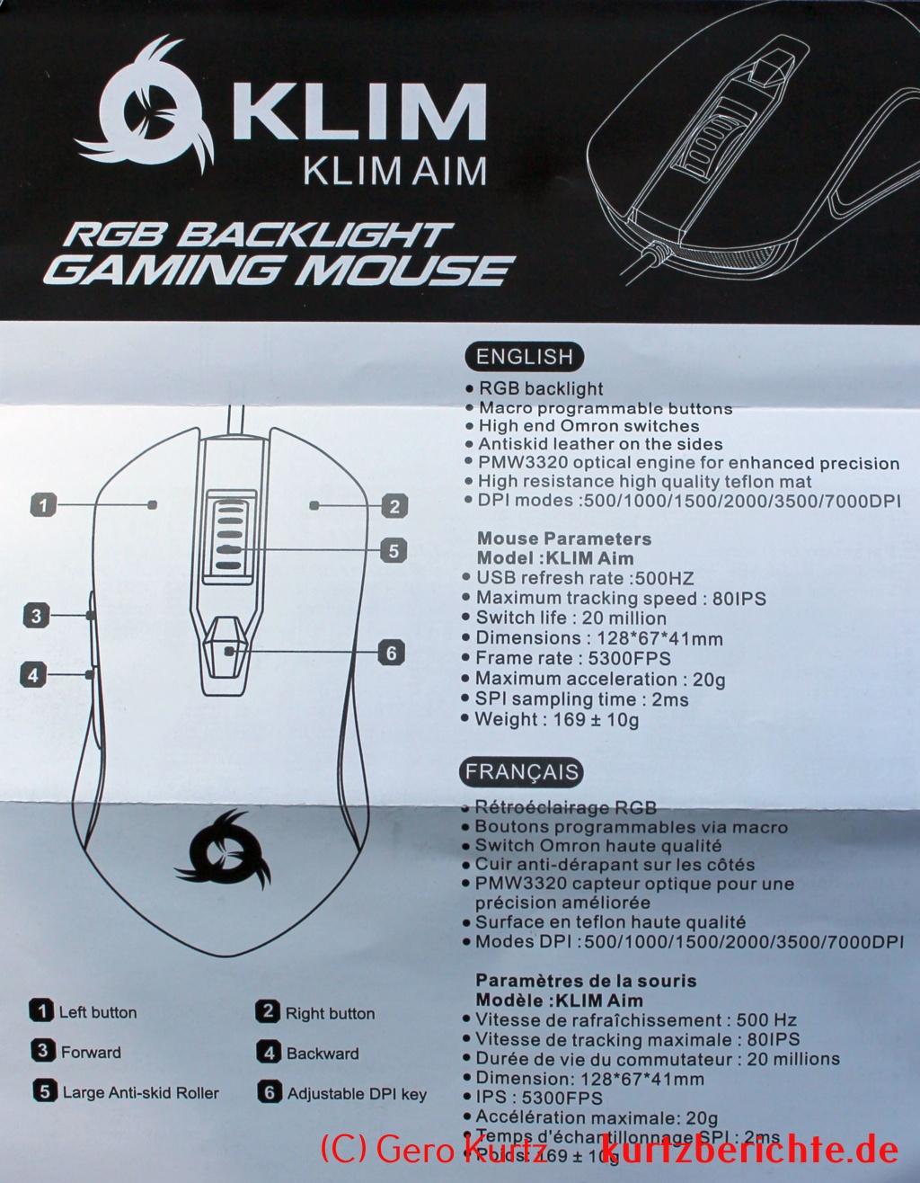 KLIM AIM Chroma RGB Gaming Maus - Begleitzettel mit technischen Angaben
