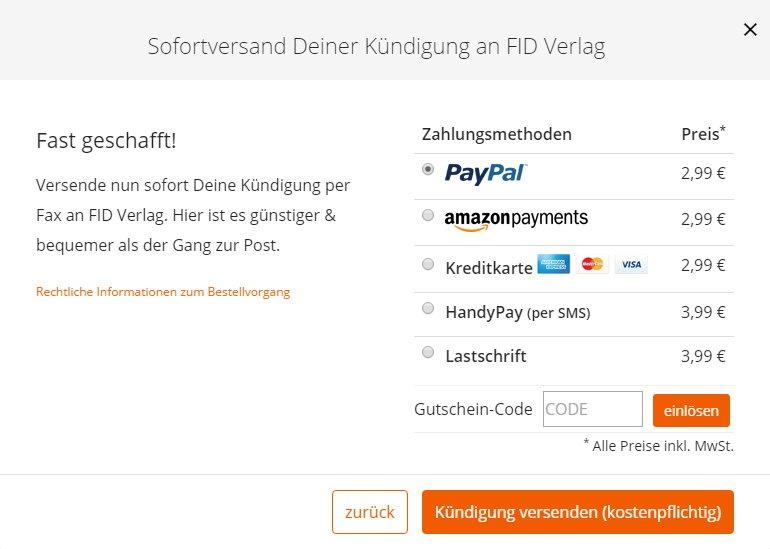 FID Verlag Kündigung per Fax Preise