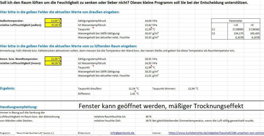 Excel Programm "Raus mit der feuchten Luft " als Ratgeber zum richtigen Lüften Raus mit der feuchten Luft